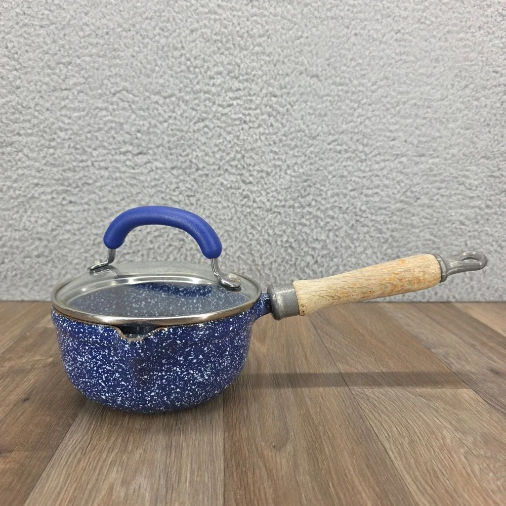 Vintage LL Bean Blue Speckled Cast Iron Saucepan Pot with Lid Pour Spout Wood